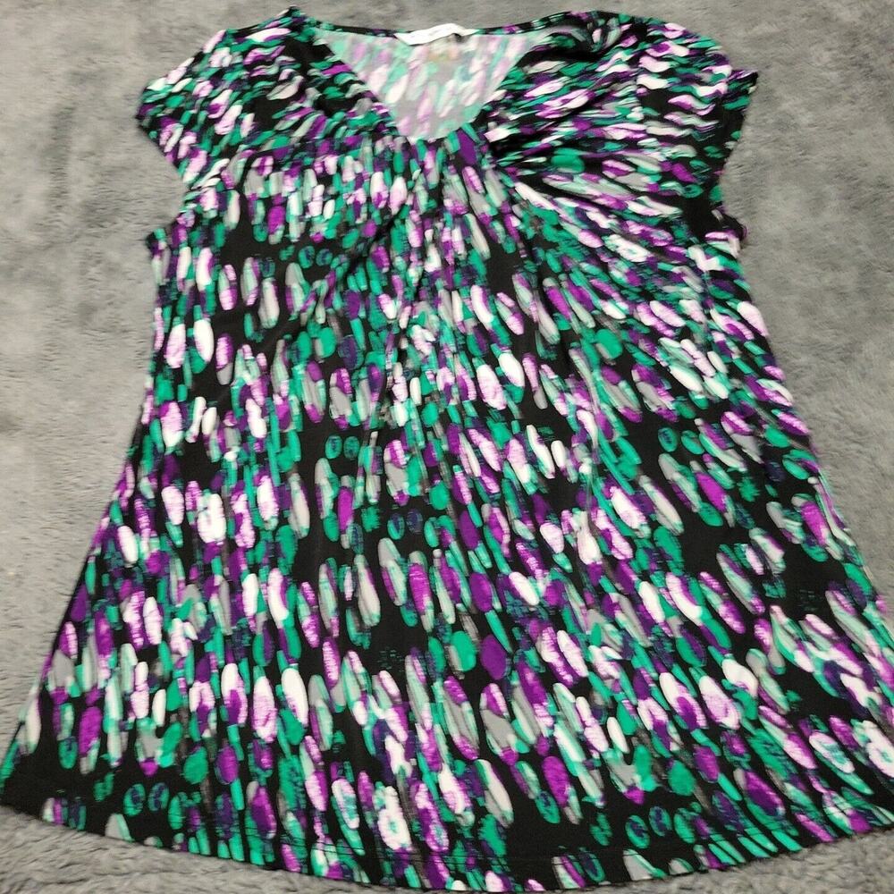 Peter‎ Nygard Shirt Womens Medium Blouse Black Short Sleeve Wrapped V Neck Top